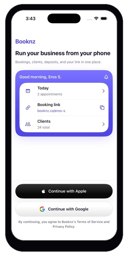 Booknz welcome screen in an iPhone frame